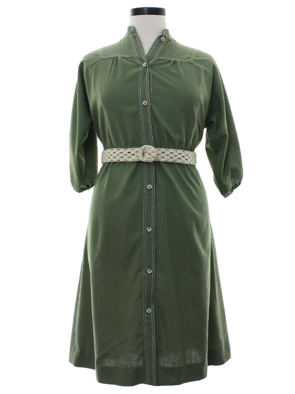 Vintage 70s Avocado Green Shirt Dress Macrame Belt Button Front Women's Medium